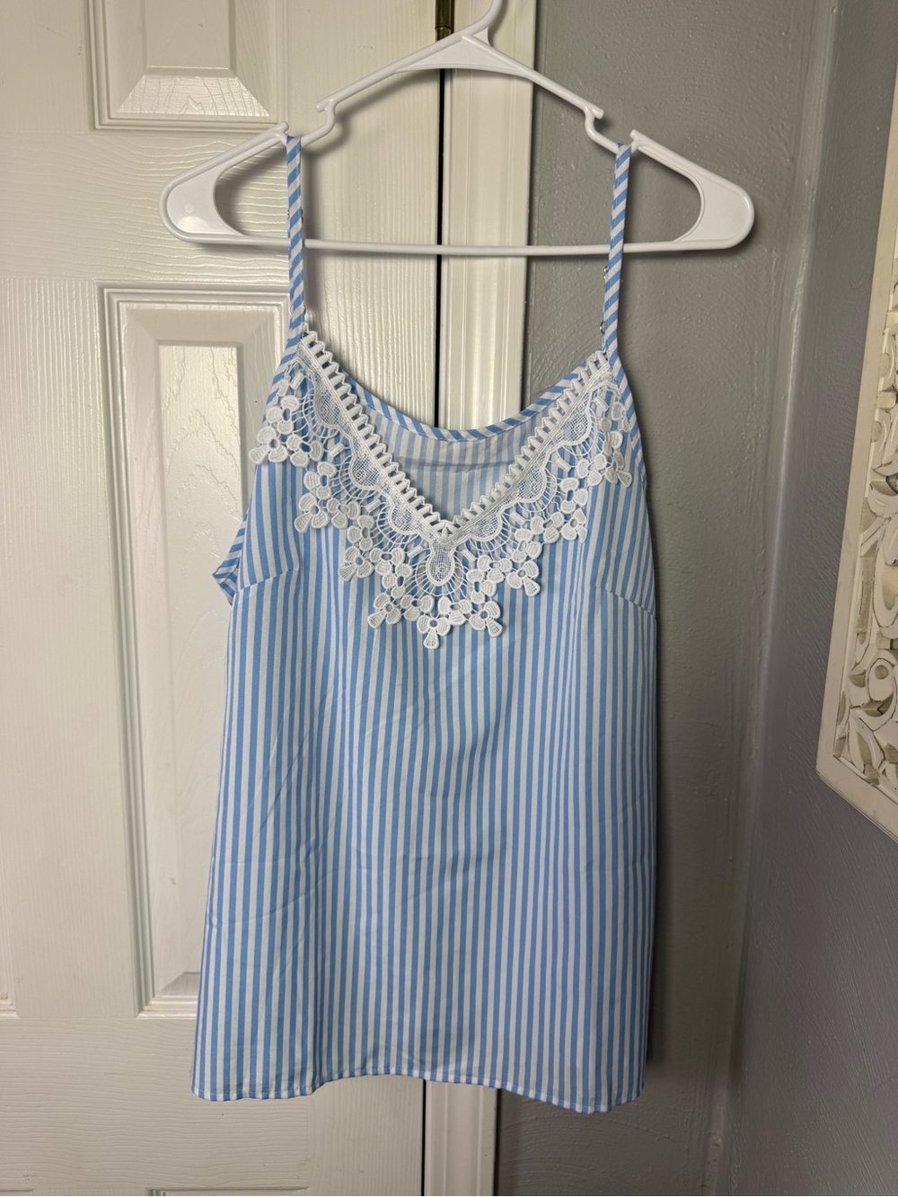 Blue White Stripe Lace Trim Cami Tank Top Sleeveless Summer XL